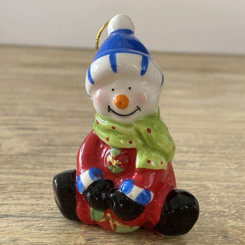 Vintage Snowman Porcelain Christmas Ornament with Red Green Blue Hat Ceramic Vtg